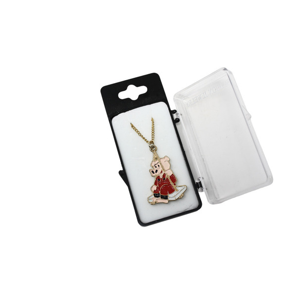 Vintage 80s Enamel Charm Necklace Pink Pig on a Swing in Original Box - Hey Viv - Picture 2 of 7